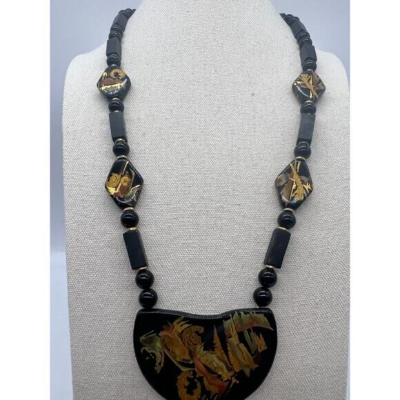 Vintage Black Wooden Lacquer Hand Painted Asian Dragon Abstract Japan Necklace - Picture 3 of 8